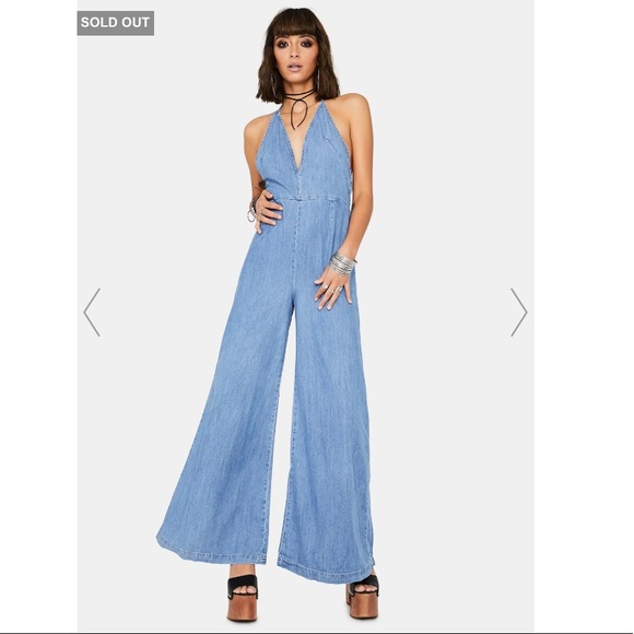 Free People Retro Wide Leg Denim Halter Jumpsuit - Picture 9 of 12